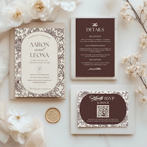 Editable wedding invitation suite including invitation, details card and QR code RSVP card in a vintage chocolate brown floral toile design.