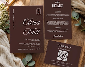 Chocolate Brown Wedding Invitation Template, Editable Canva Wedding Invite, Rustic Barn Invitation Suite, Autumn QR RSVP