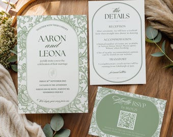 Pistachio Green Wedding Invitation Template, Editable Canva Wedding Invite Suite, Garden Floral Toile, RSVP, Details Card, Sage Green Invite