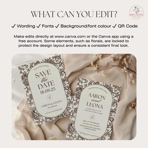 Wedding invitation suite template highlighting editable text, fonts, background colours and QR code across the matching stationery collection.
