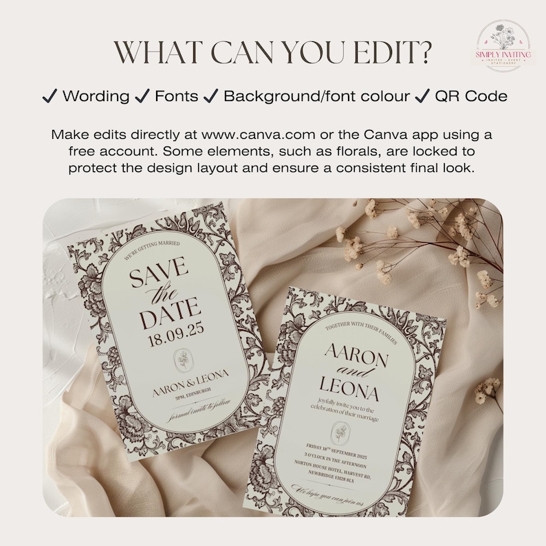 Wedding invitation suite template highlighting editable text, fonts, background colours and QR code across the matching stationery collection.