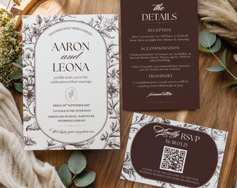 Vintage Floral Wedding Invitation | Chocolate Brown Wedding Invite | Editable Canva Invitation Suite | Botanical Toile Stationery | QR RSVP
