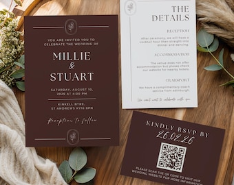Chocolate Brown Wedding Invitation Suite, Minimalist Botanical Canva Template (Digital Download)