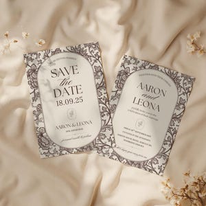 Matching save the date and wedding invitation templates with elegant chocolate brown floral toile border and editable Canva design.
