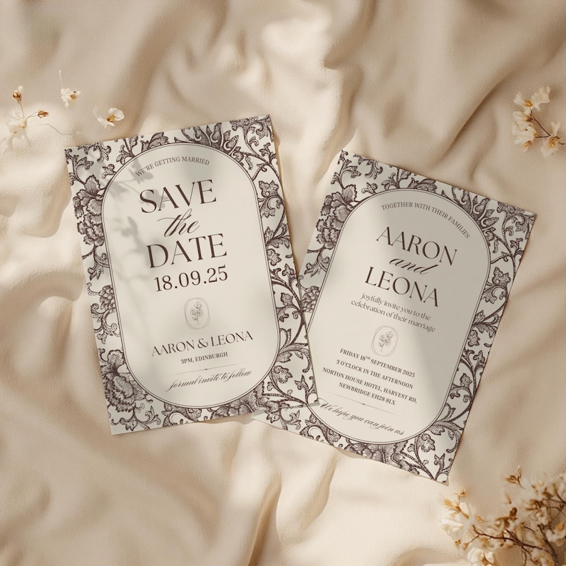 Matching save the date and wedding invitation templates with elegant chocolate brown floral toile border and editable Canva design.