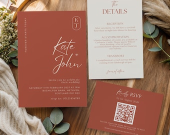 Terracotta Wedding Invitation Suite Template, Burnt Orange Boho Wedding Invite Set, Minimalist Rust Wedding Invite Bundle, Editable Canva
