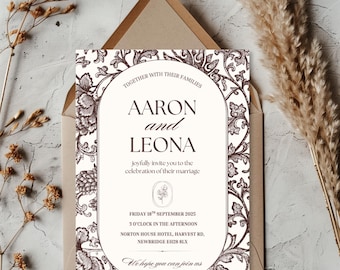 Chocolate Brown Wedding Invitation Template | Double Sided 5x7 Canva Invite | Floral Toile Wedding Invitation | Editable QR RSVP