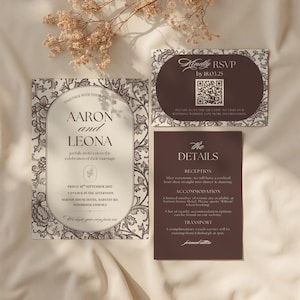 Chocolate brown floral toile wedding stationery set including invitation, details card and matching QR code RSVP card.