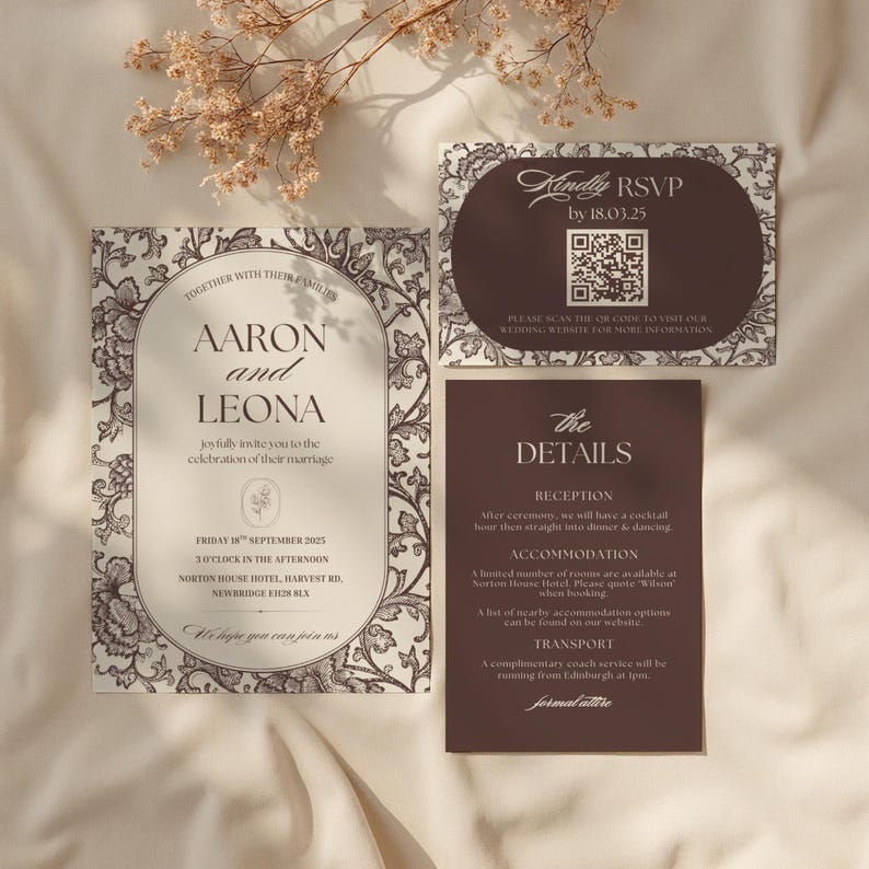 Chocolate brown floral toile wedding stationery set including invitation, details card and matching QR code RSVP card.