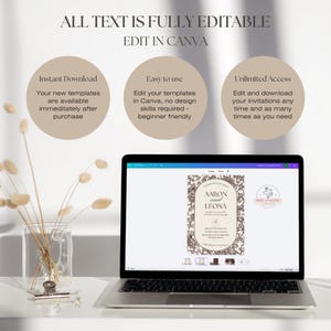 Editable Canva wedding invitation suite showing how to customise wording, fonts, colours and QR code using a free Canva account.