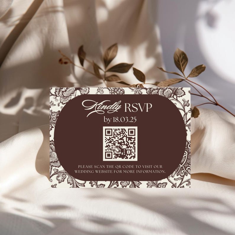 Printable QR code RSVP card template with chocolate brown background and vintage floral toile border for easy digital wedding responses.