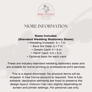 Wedding invitation suite size guide showing invitation, save the date, details card and QR code RSVP card dimensions for professional printing.