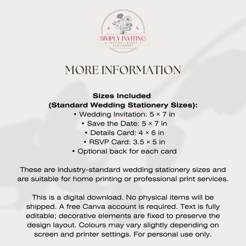 Wedding invitation suite size guide showing invitation, save the date, details card and QR code RSVP card dimensions for professional printing.