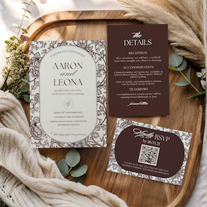 Chocolate brown wedding invitation suite template featuring a 5x7 invitation, matching details card and QR code RSVP card with elegant floral toile design.