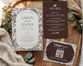 Chocolate Brown Wedding Invitation Template | Editable Canva Wedding Invite Set | Vintage Floral Arch | QR RSVP Card | Autumn Wedding Invite