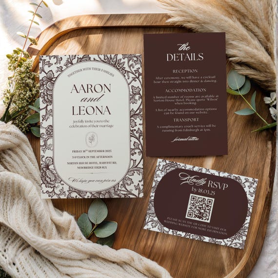 Chocolate Brown Wedding Invitation Template | Editable Canva Wedding Invite Set | Vintage Floral Arch | QR RSVP Card | Autumn Wedding Invite