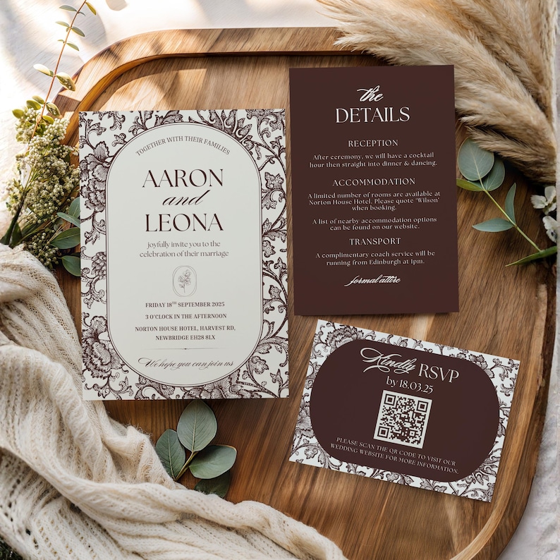Chocolate brown wedding invitation suite template featuring a 5x7 invitation, matching details card and QR code RSVP card with elegant floral toile design.