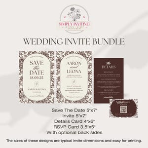 Printable Canva wedding invitation bundle with matching save the date, invitation, details card and QR code RSVP card in a coordinated floral toile collection.