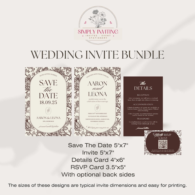 Printable Canva wedding invitation bundle with matching save the date, invitation, details card and QR code RSVP card in a coordinated floral toile collection.