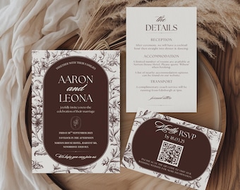Chocolate Brown Wedding Invitation | Vintage Floral Wedding Invite | Editable Canva Invitation Suite | Botanical Wedding Template