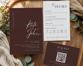 Chocolate Brown Wedding Invitation Set Template | Modern Minimalist Invite | Editable Canva Invite | QR RSVP Card | Elegant Autumn Wedding