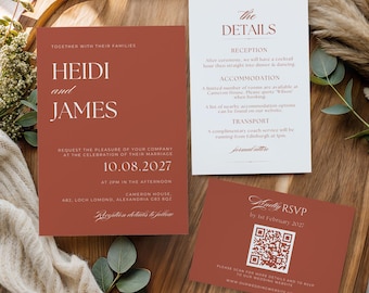 Terracotta Wedding Invitation Template | Editable Boho Canva Invite Suite, RSVP & Details Card, Instant Download