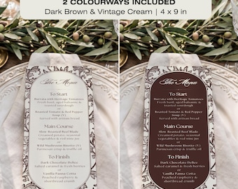Toile Wedding Menu Card Template 4x9, 2 Colourways, Dark Chocolate Brown & Vintage Cream Arch Menu Printable, Editable Canva Template