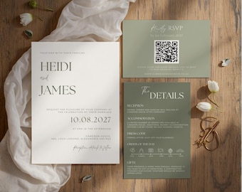 Sage Green Wedding Invitation Suite, Minimalist Elegant Canva Template (Instant Download)