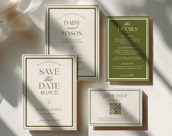 Old Money Olive Green Wedding Invitation Set, Vintage Border Wedding Invite Template, Editorial Olive Green Invite Bundle with QR Code