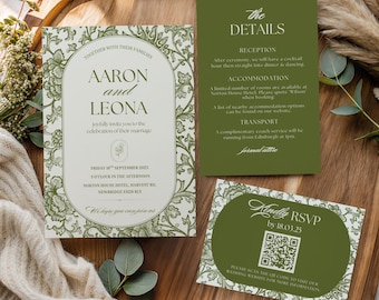 Olive Green Wedding Invitation Template, Toile Floral Invite Suite, Editable Canva, Vintage Arched Save the Date, RSVP, Details Card