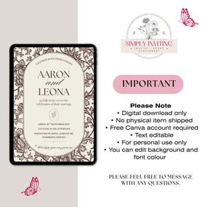 Important information about the editable Canva wedding invitation suite including instant download, file format and printing details.