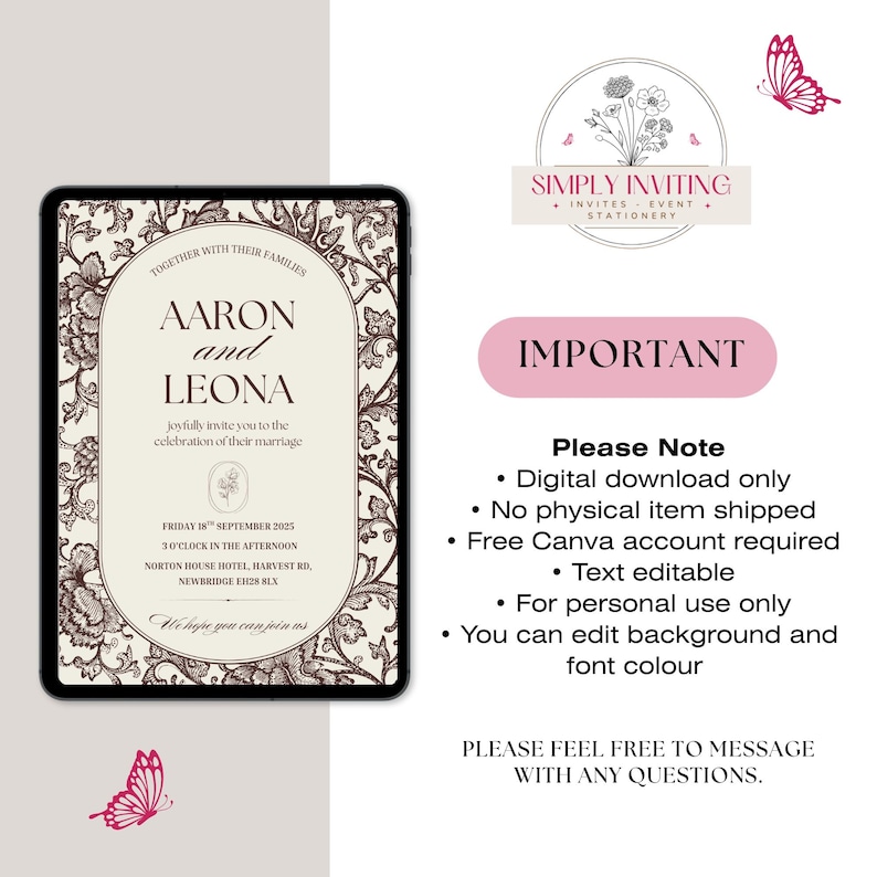 Important information about the editable Canva wedding invitation suite including instant download, file format and printing details.