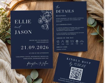 Navy Wedding Invitation Suite Template, Editable Canva Invite, Modern Minimalist Wedding, Printable Blue Invite Set