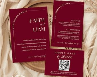 Burgundy Wedding Invitation Suite, Elegant Modern Template Set, Wedding Bundle Canva, QR Code RSVP, Printable Wedding Invite