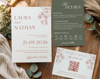 Editable Wedding Invitation Template Canva, Boho Earthy Tones Wedding Invite, Rustic Floral Printable Invitation with QR RSVP