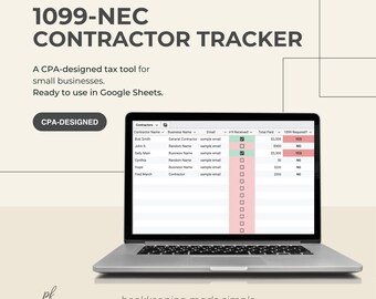 1099-NEC Tracker-kalkylblad Google Sheets, Betalningsspårning för underleverantörer, Mall för spårning av entreprenörer, Skapad av CPA, Småföretag 2026