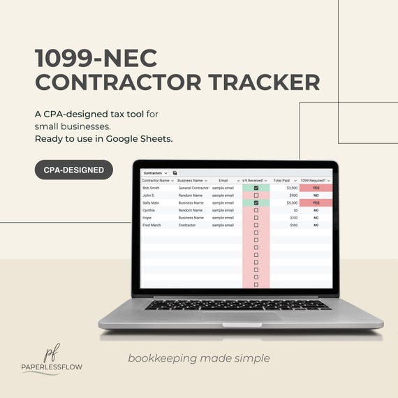 1099-NEC Tracker Spreadsheet Google Sheets, Subcontractor Payment Tracker, Contractor Tracking Template, CPA-Created, Small Business 2026