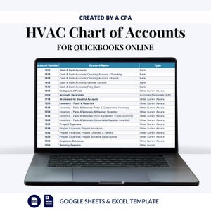 May include: A laptop displays an HVAC Chart of Accounts for QuickBooks Online. The screen shows a table with account numbers, names, and types. The text "CREATED BY A CPA" is at the top, with "GOOGLE SHEETS & EXCEL TEMPLATE" at the bottom.