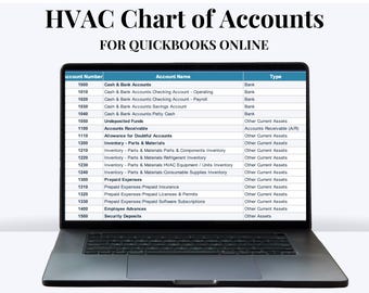Sjabloon HVAC-rekeningschema voor QuickBooks, setup boekhouding aannemer, HVAC-boekhoudsysteem, financieringssjabloon voor kleine bedrijven QBO