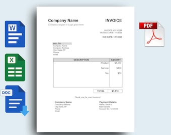 Bewerkbare factuursjabloon, afdrukbaar aangepast formulier (Google Documenten, Excel, Word, pdf)