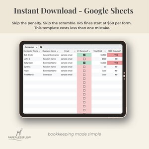 Instant digital download of CPA‑created Google Sheets 1099 contractor tracker — start organizing payments today, no bookkeeping required
