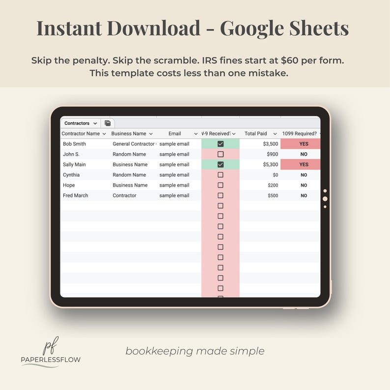 Instant digital download of CPA‑created Google Sheets 1099 contractor tracker — start organizing payments today, no bookkeeping required