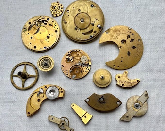 Antique Steampunk Gold Pocket Watch 14 pc Parts LOT, Gears, Altered Art, Jewelry Findings Design Components Engraved, Create, Mixed Media,