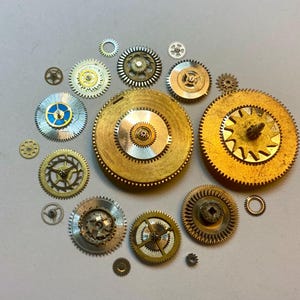 May include: A collection of various sized watch gears in gold, silver, and brass tones. The gears are arranged in a circular pattern, with intricate details visible on each piece. Some gears have blue accents.