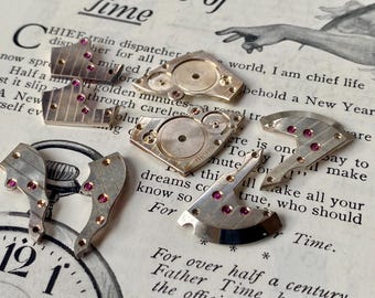 VTG Steampunk Shiny Silver Tone Watch Parts LOT 4 Matching PAIR Art Assemblage Jewelry Earring Design Create, Mixed Media Bright Ruby Jewels