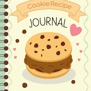 Może przedstawiać: Spiralnie oprawiony dziennik z jasnozielonym tłem i dużą ilustracją ciasteczka. Okładka dziennika zawiera czarne słowa "Cookie Recipe JOURNAL" oraz baner z napisem "Cookie Recipe" w jasnopomarańczowym kolorze. Małe różowe serca i kawałki czekolady są rozrzucone wokół ciasteczka.