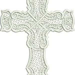 Puede incluir: Una cruz blanca ornamentada con intrincados detalles bordados. El diseño presenta patrones de desplazamiento, formas geométricas y un lazo para colgar. Es un símbolo religioso.