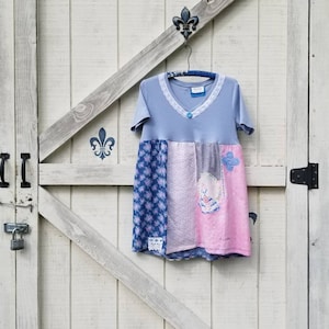 M-L blue patchwork tunic dress, upcycled Artsy tunic