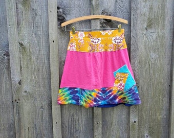 S Beach Patchwork tiedye mini skirt, Boho yoga skirt, Rustic layering skirt, S knit skirt.