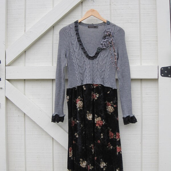 Boho gray sweater dress, rustic winter dress, V neck sweater dress, black velvet dress medium upcycled dress medium Ready to ship